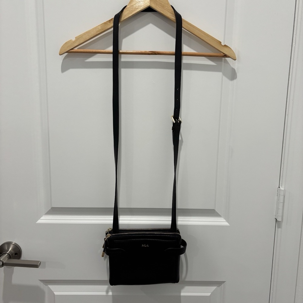 Lauren Ralph Lauren Black Pebbled Leather Crossbody Double Zipper Purse - Picture 4 of 10